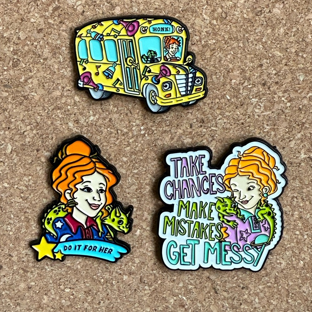 🚌 Set of 3 Magic School Bus/Ms. Frizzle Inspired Enamel Pins +Secure Backs